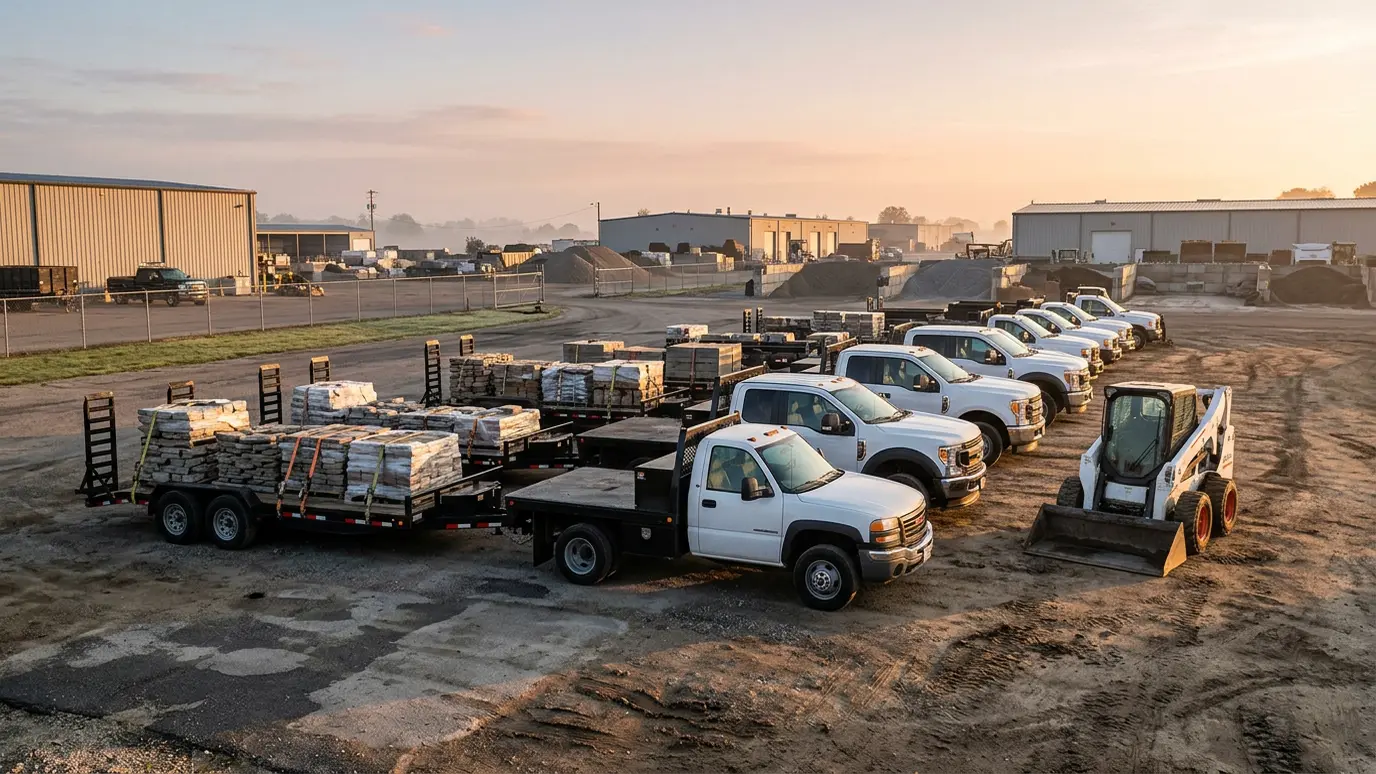 About Music City Hardscape A fleet of white flatbed work trucks loaded with pallets of stone parked on a landscaping company lot