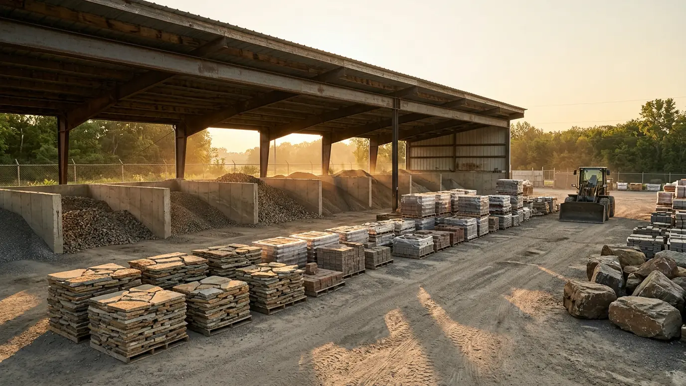 An organized stone supply yard with palletized pavers stored under an open shed and on gravel ground