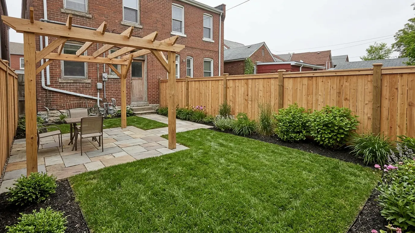 After: Backyard renovation | Music City Hardscape After: a backyard with a finished yard with a patio, stone wall and layered planting