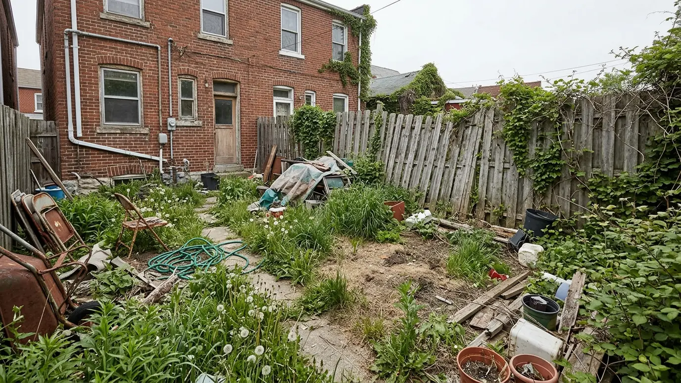 Before: a backyard with a bare, uneven yard with patchy grass and nowhere to sit