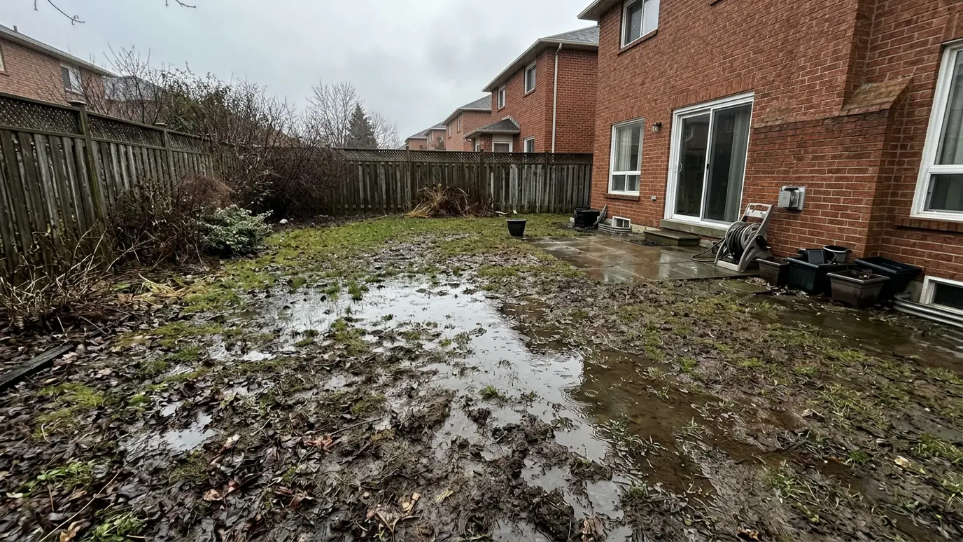 Before: a yard with a soggy lawn with standing water and mud