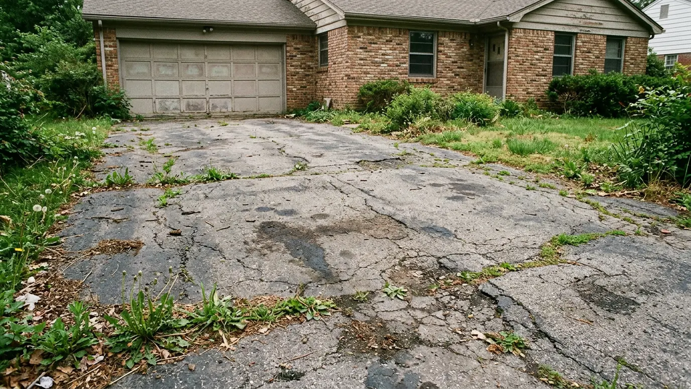 Before: a front drive with a cracked, stained concrete driveway