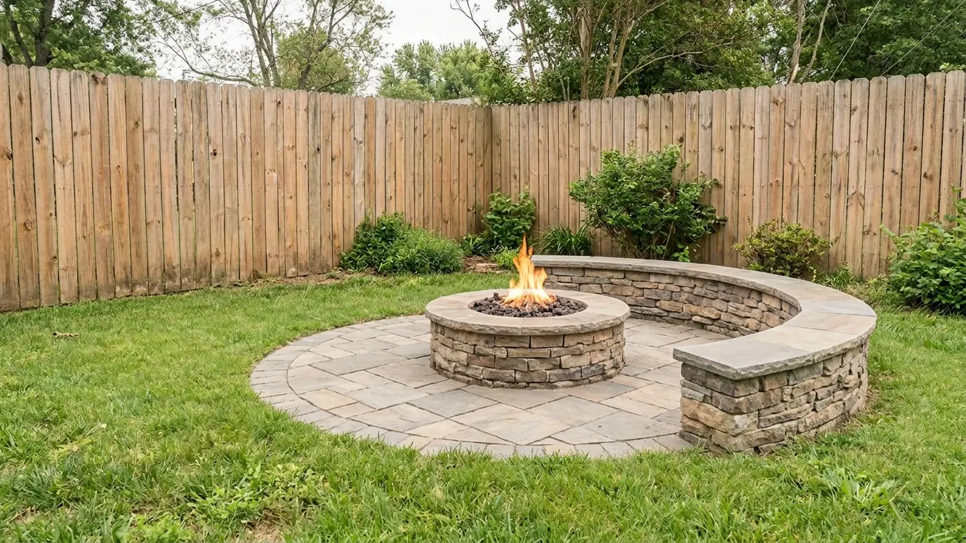 After: Fire pit construction | Music City Hardscape After: a backyard with a stone fire pit with built-in seating