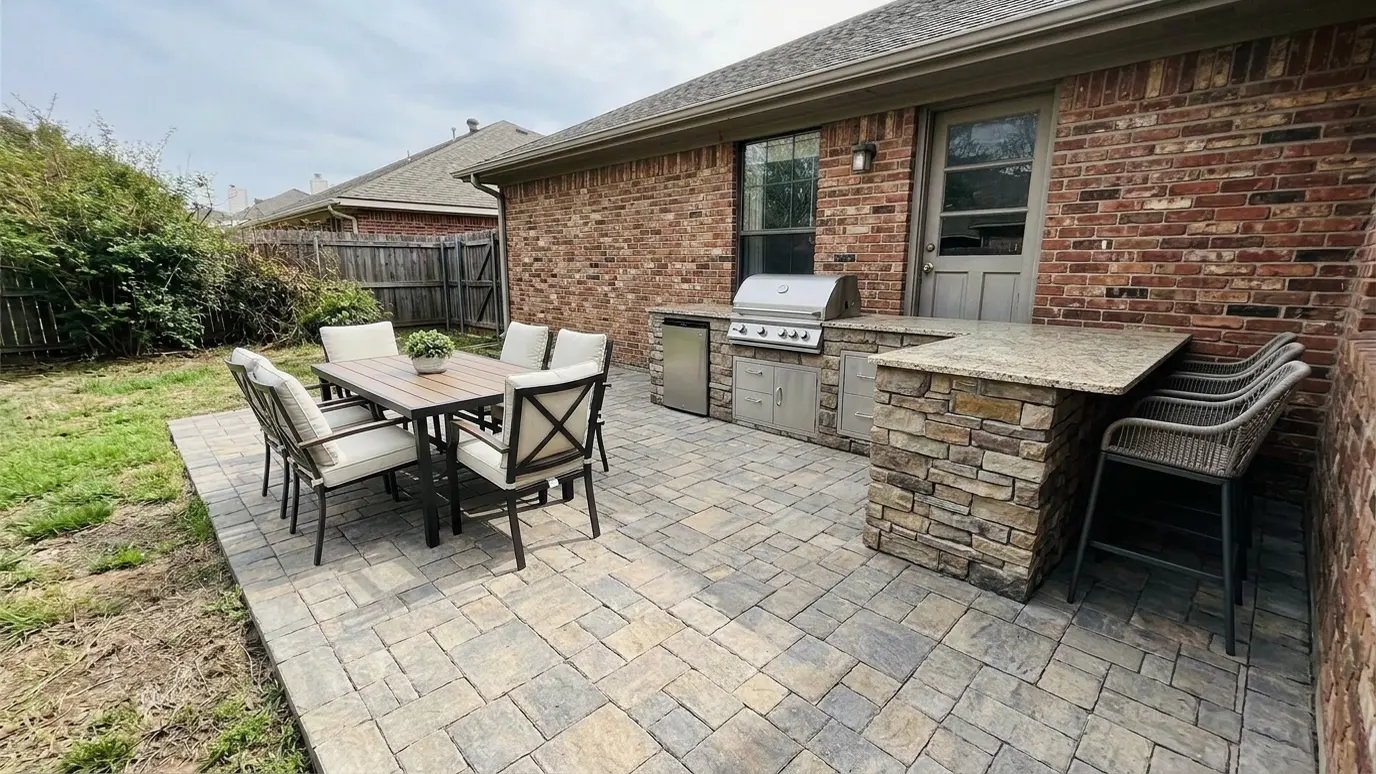 After: Outdoor kitchen | Music City Hardscape After: a patio with an outdoor kitchen with a stone island and grill