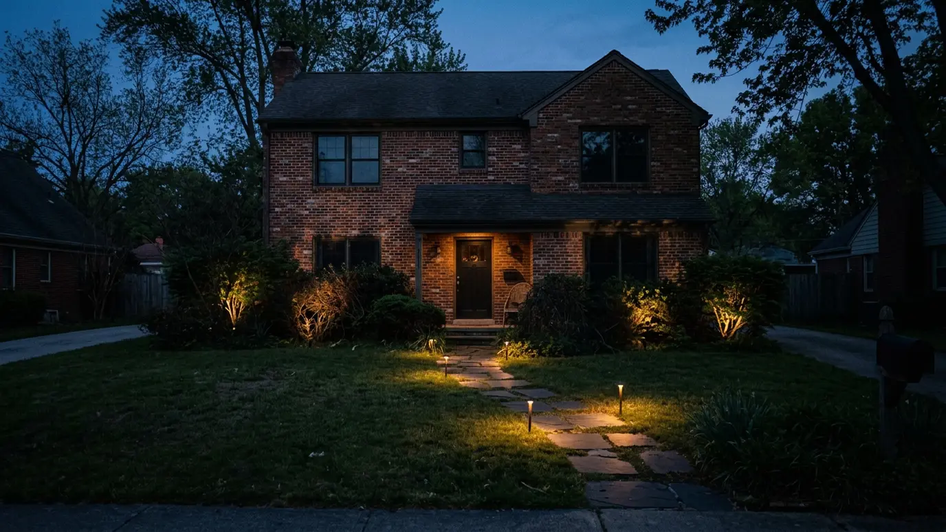 After: Landscape lighting | Music City Hardscape After: a front yard at dusk with a softly lit landscape with glowing paths and trees
