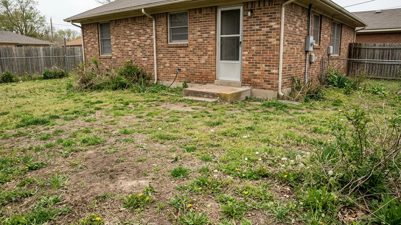 Before: a backyard patio with a worn, cracked concrete patio
