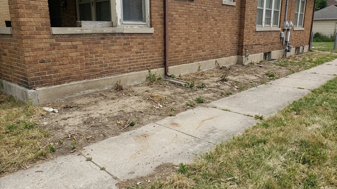 Before: a front bed with bare, weedy beds with no structure