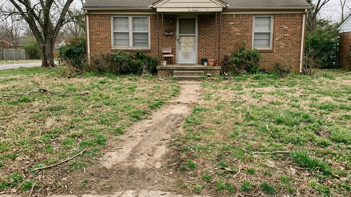 Before: a front yard with a muddy worn path across the lawn