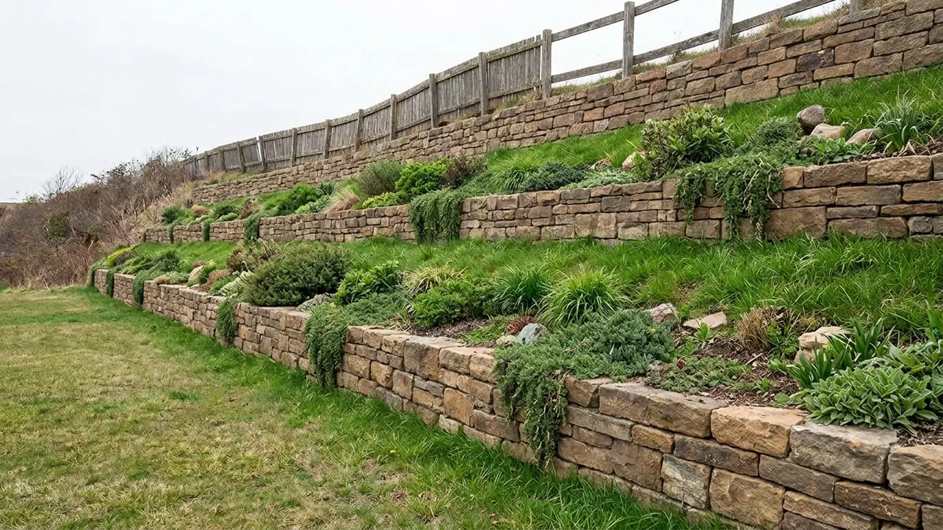 After: Retaining wall | Music City Hardscape After: a sloped yard with a stone retaining wall with terraced planting
