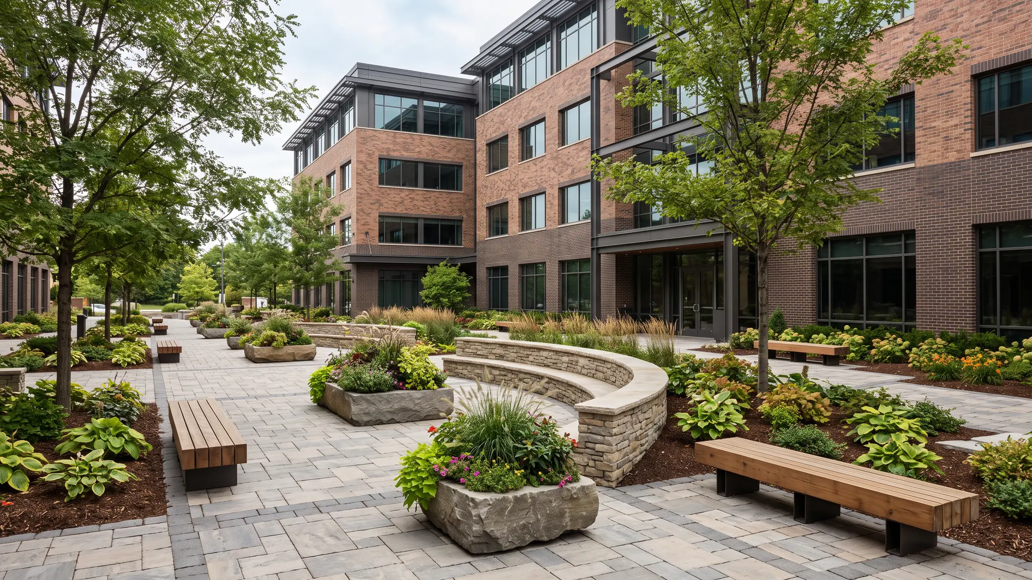 A modern commercial courtyard with paver walkways, curved stone planters, wooden benches and lush landscaping