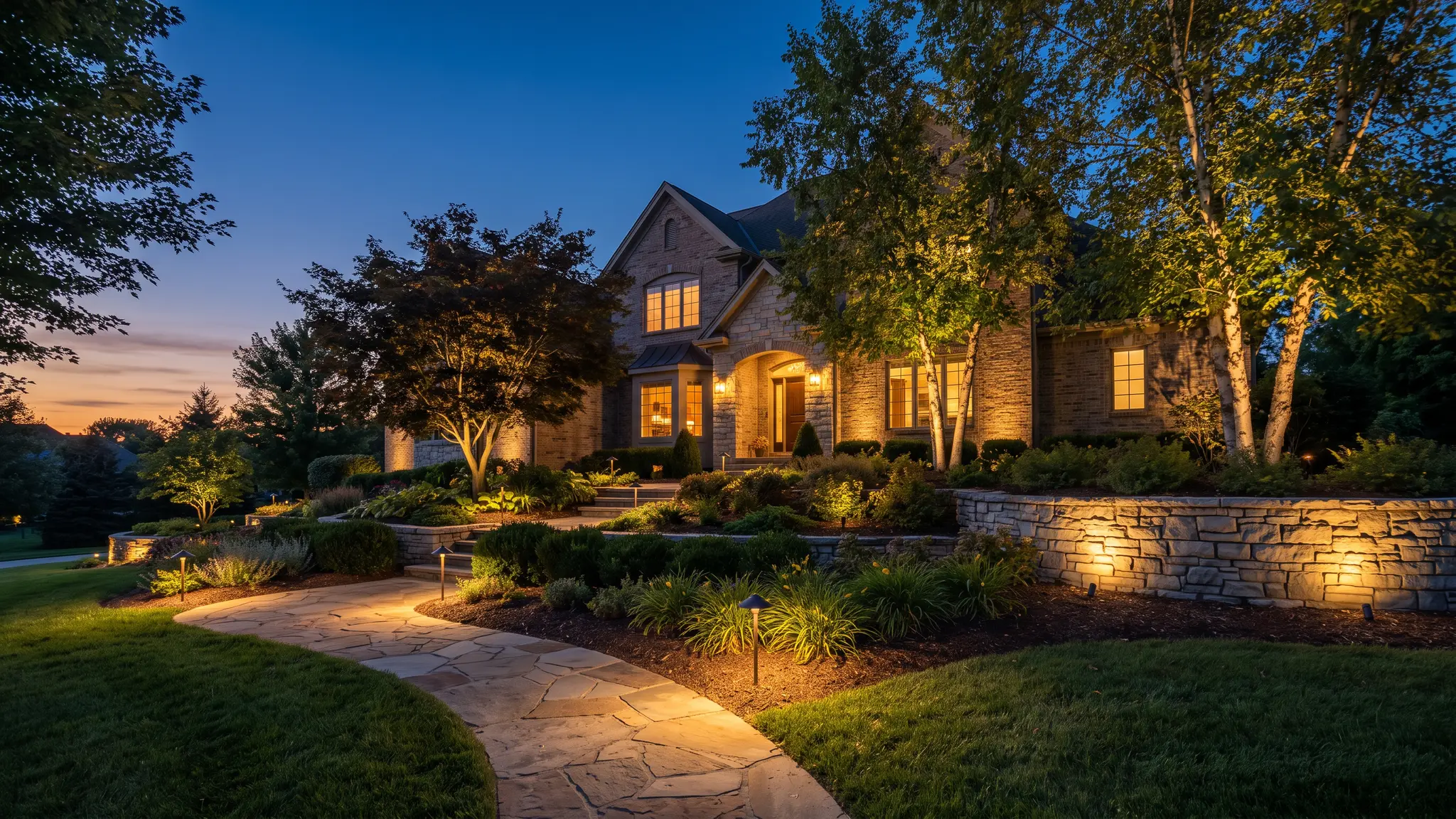 A landscaped front yard at dusk with softly glowing path lights, uplit trees and a lit stone walkway leading to the house
