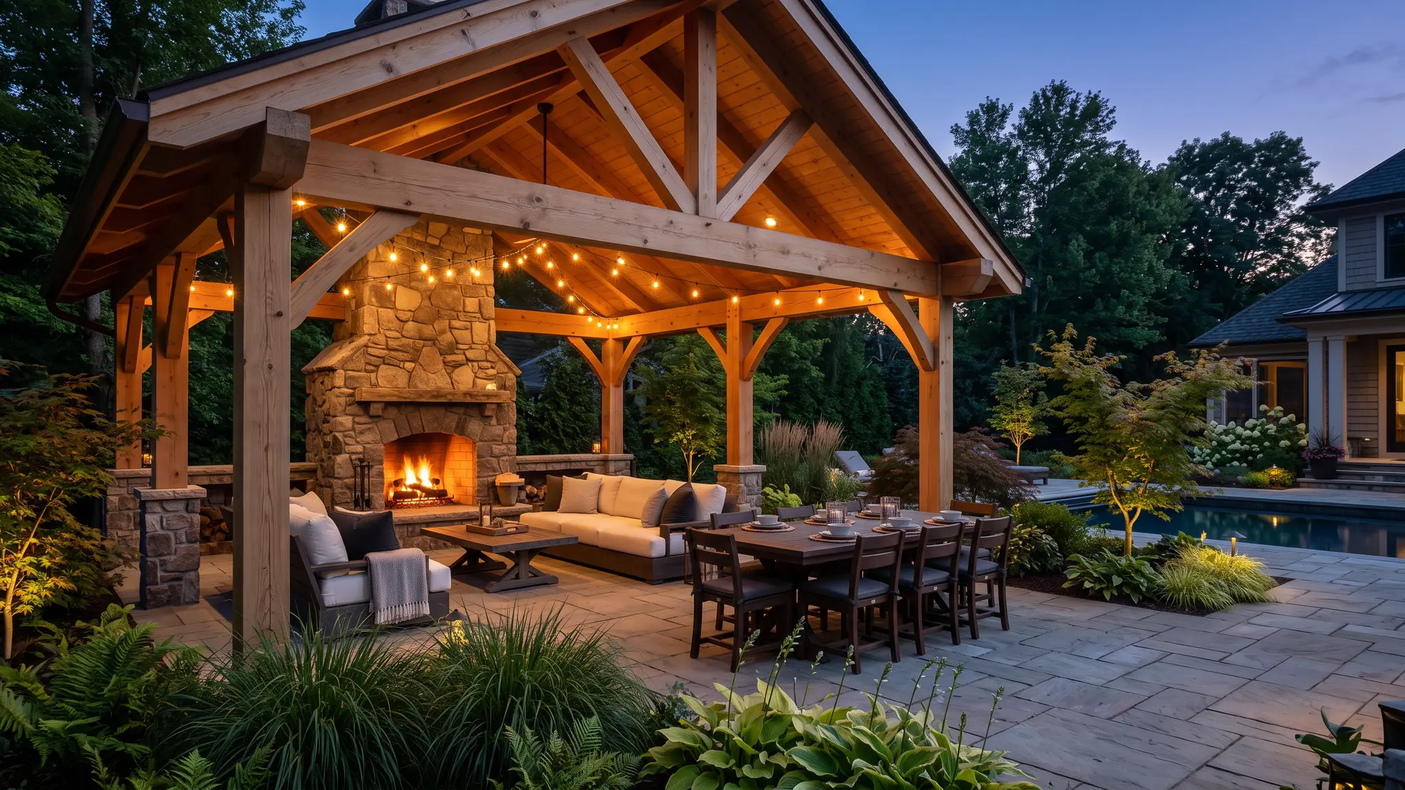 Outdoor living | Music City Hardscape A timber-framed outdoor pavilion with a stone fireplace, patio dining and a backyard pool glowing at dusk