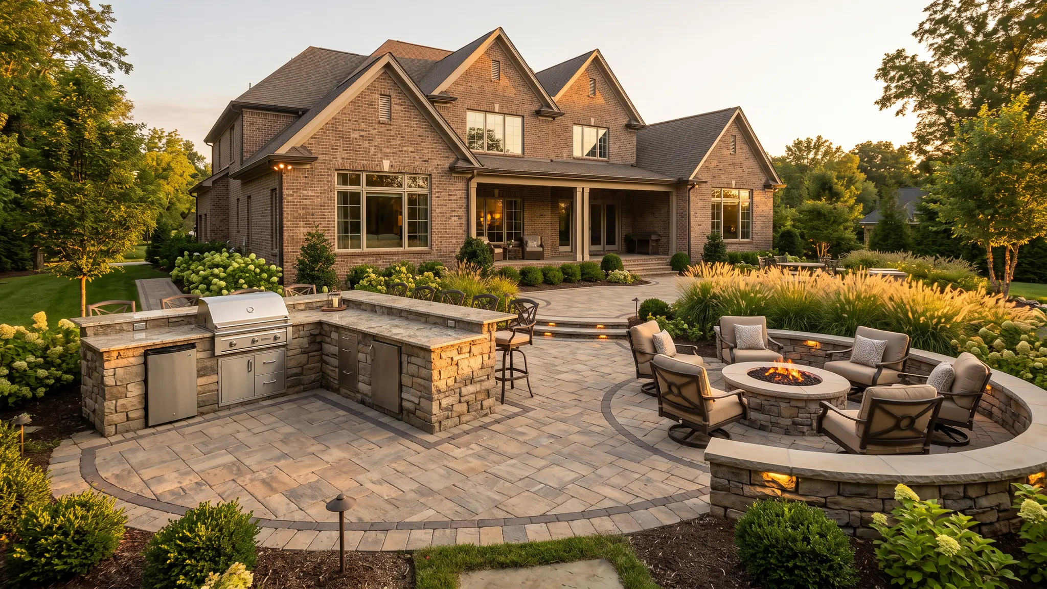 Patios and walkways | Music City Hardscape An expansive curved stone paver patio behind a brick home with an outdoor kitchen, bar seating and a fire pit