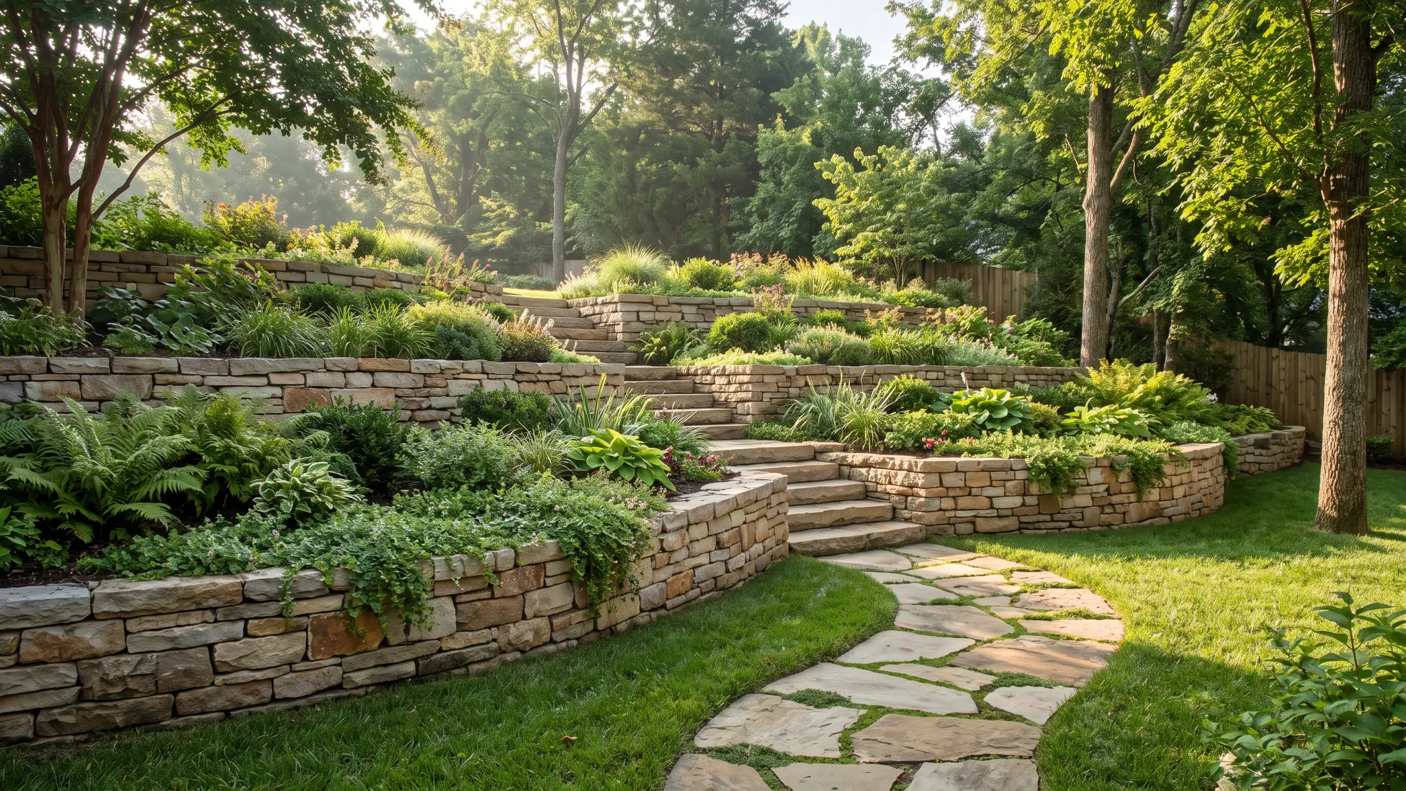 A tiered natural stone retaining wall with wide steps and planted terraces on a sloped Middle Tennessee yard