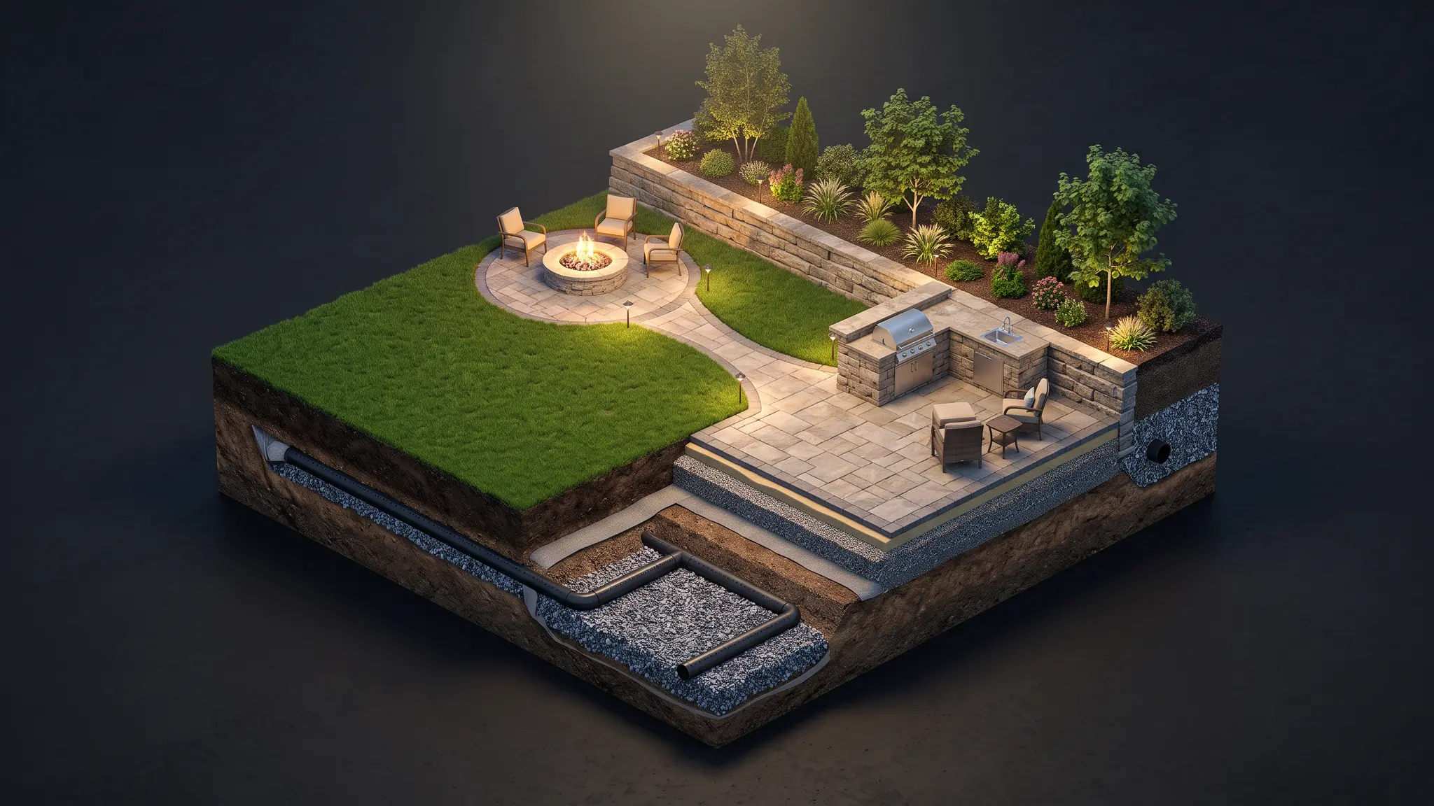 A cutaway illustration of a residential patio and outdoor kitchen showing the compacted base layers beneath the surface