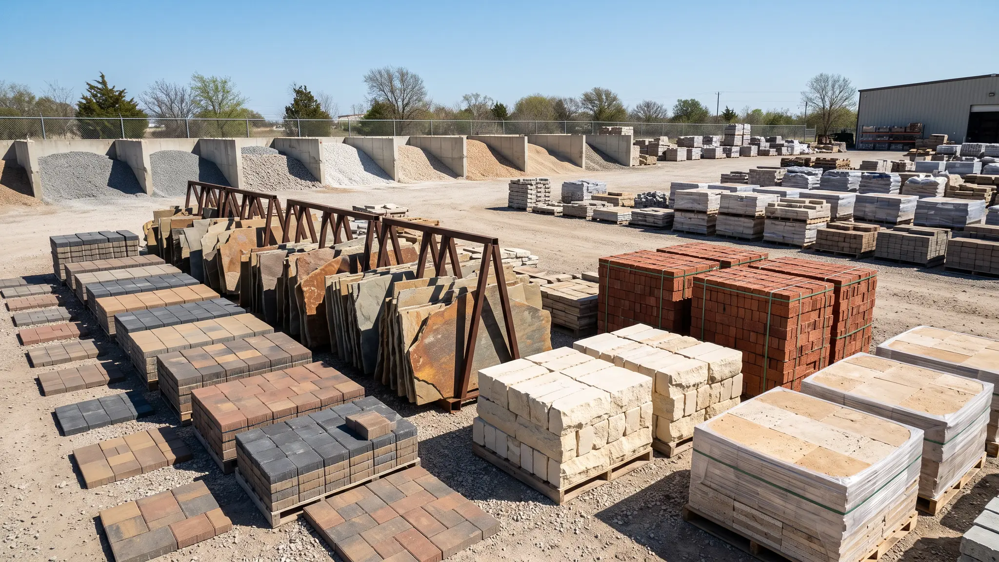 Stacks of assorted stone pavers, retaining wall blocks and masonry slabs displayed in an outdoor material yard
