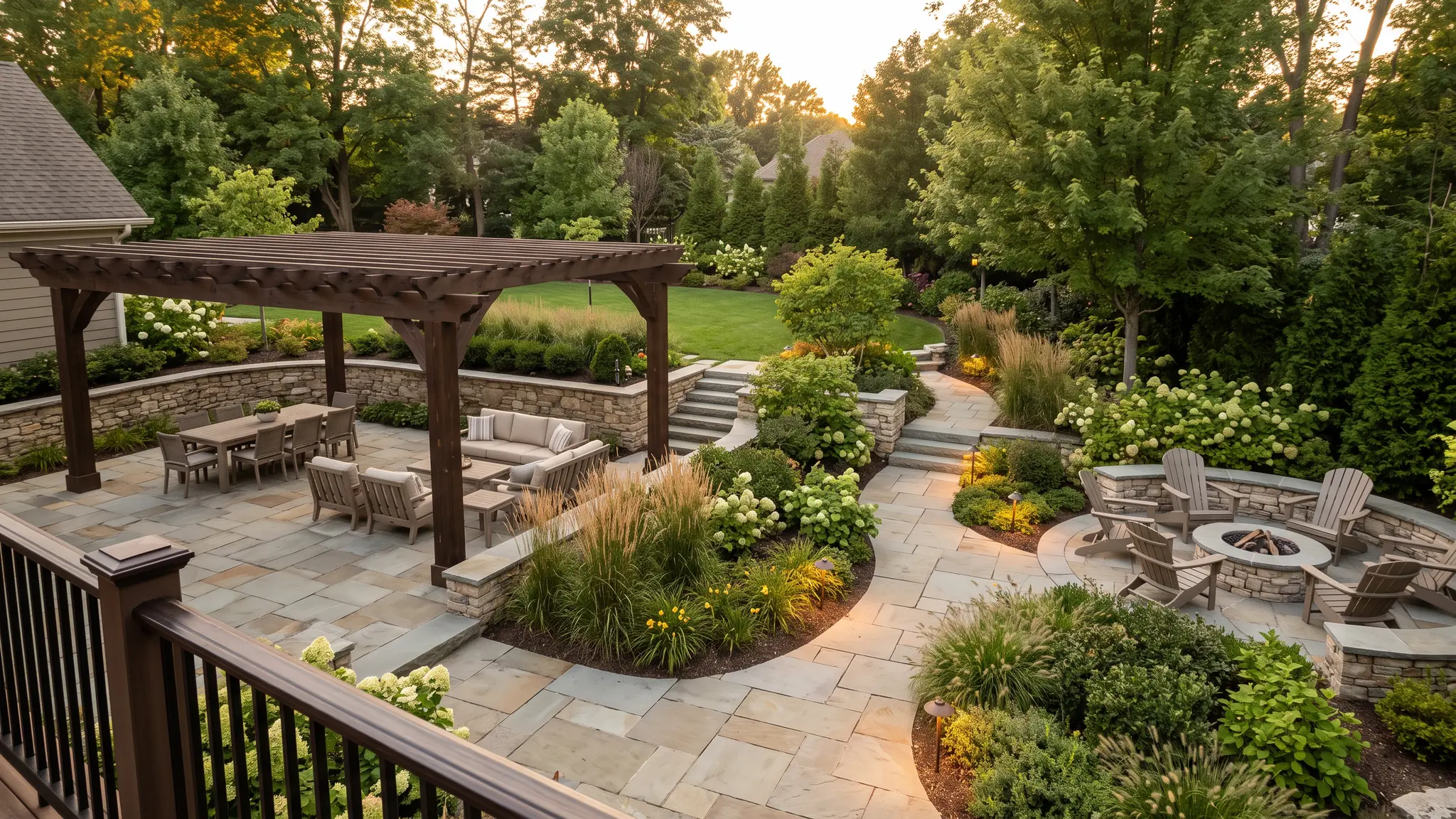 An elevated view of an extensive backyard hardscape project with flagstone walkways, a wooden pergola and layered garden beds