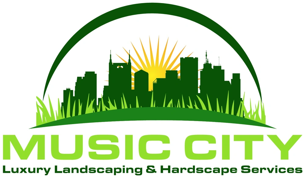 Music City Luxury Landscaping & Hardscape Services logo: a green Nashville skyline arch with a golden sunburst and blades of grass