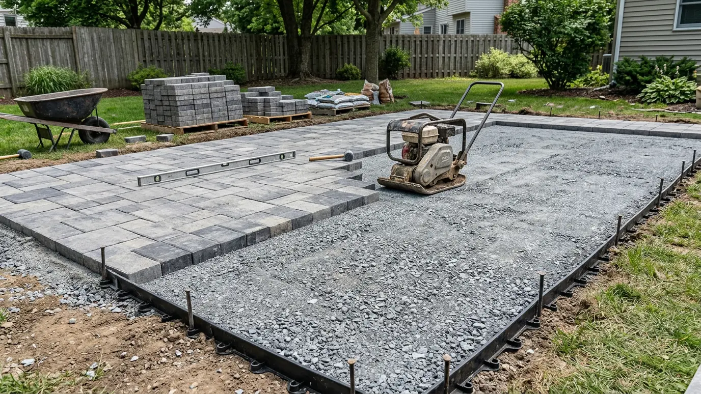 A patio under construction with laid pavers, a compacted gravel base, edge restraints and a plate compactor