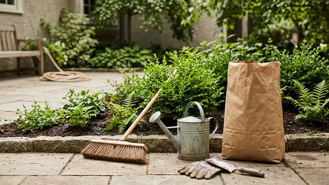 Garden tools, a watering can and a broom on a stone walkway beside garden beds