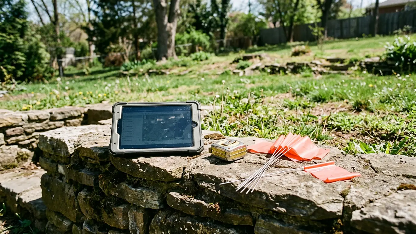 A tablet showing landscape plans resting on a stone retaining wall beside survey flags and a tape measure