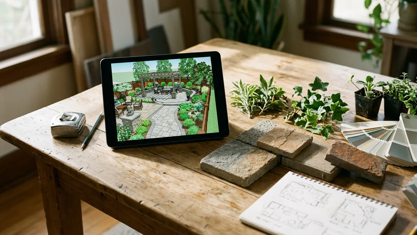 A planning table with stone samples, potted plants, a sketchbook and a tablet showing a 3D landscape design