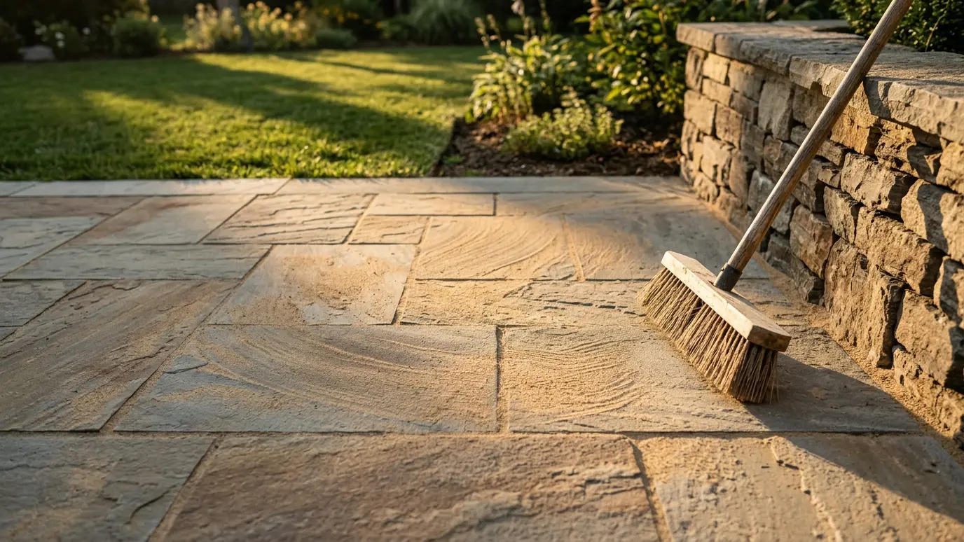 A push broom resting on a newly laid stone patio beside a stacked stone retaining wall