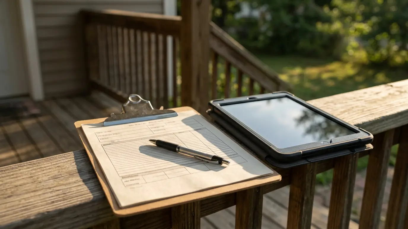 A printed quote on a clipboard and a tablet resting on an outdoor wooden deck railing