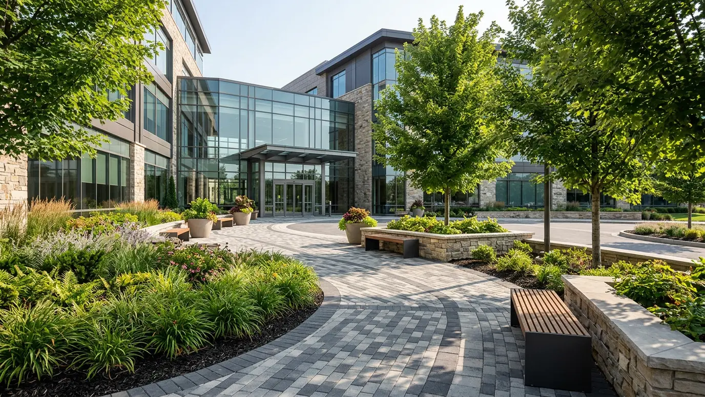 Commercial hardscape and landscaping at a business entrance