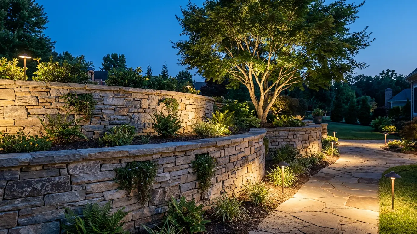 Landscape lighting along a path and trees