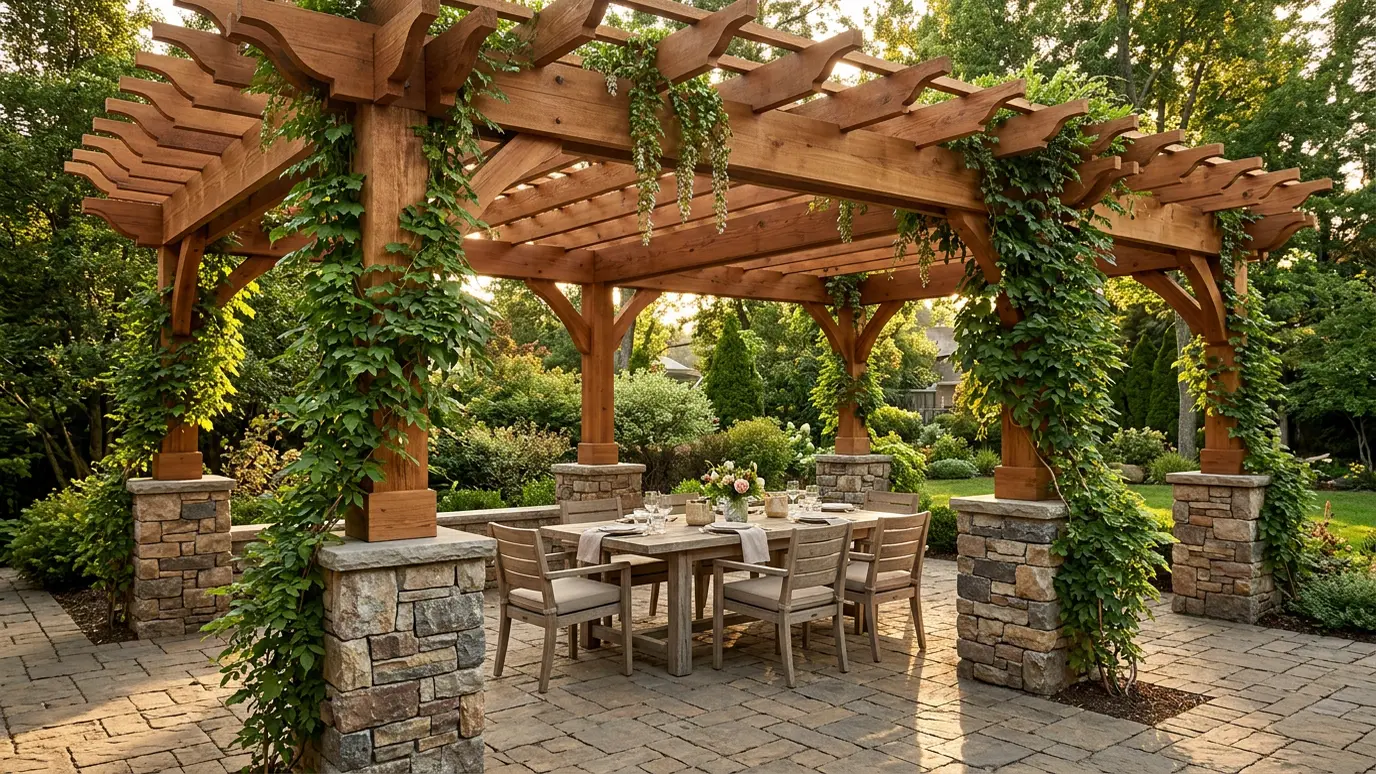 A pergola over an outdoor dining space