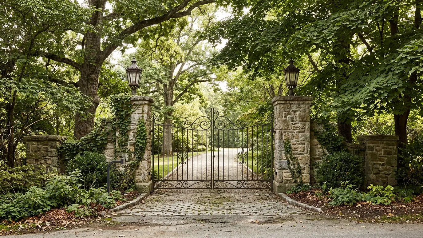 Stone columns flanking a driveway entry
