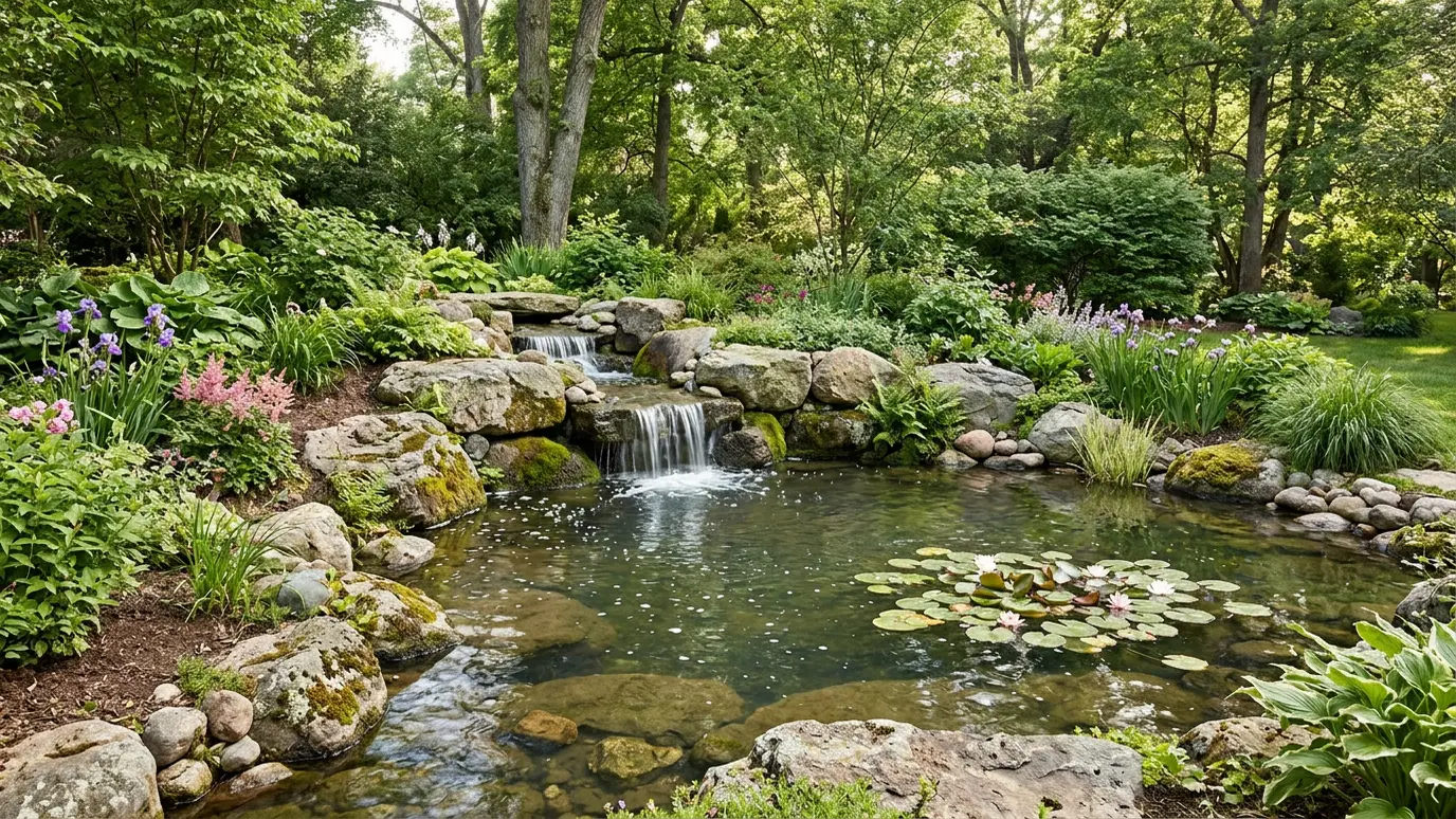 A water feature with stone and planting
